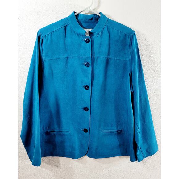 Draper's & Damon's Blue Teal Suede Button Up Blazer Large Band Collar Soft - Picture 8 of 8